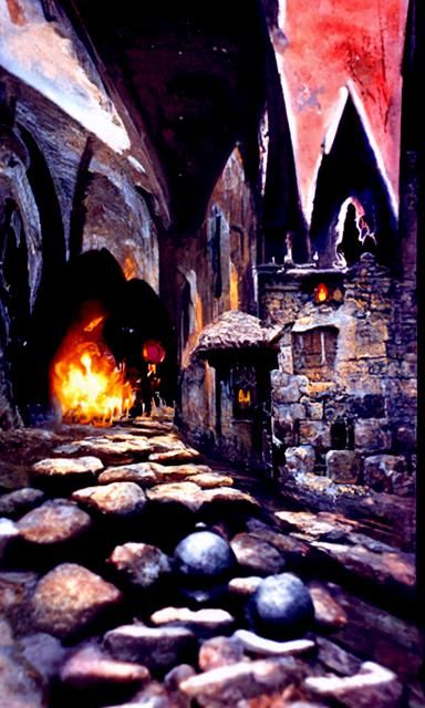 Medieval Alley Lit by Torches: Fantasy Oil Painting