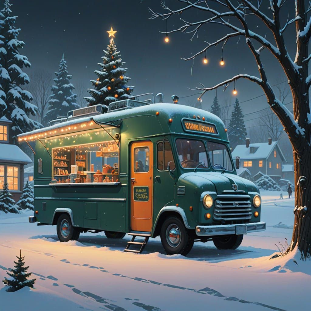 Retro-Futuristic Christmas Food Truck in a Snowy Winter Wond...