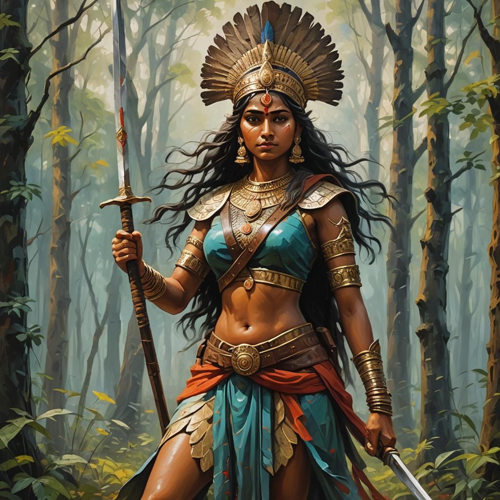 Indian Goddess with Sword and Spear Oil Painting