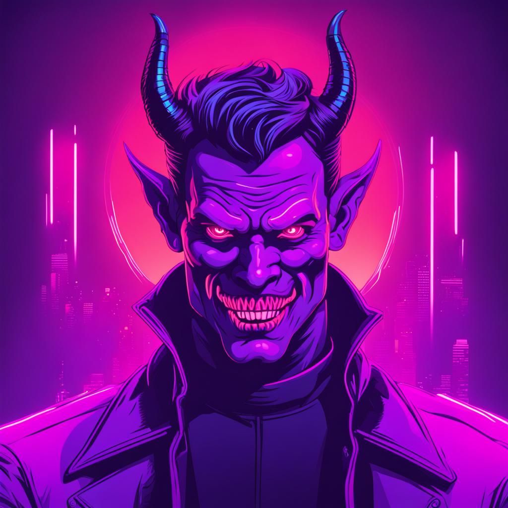 Purple Neon Devil in Synthwave Retro Style