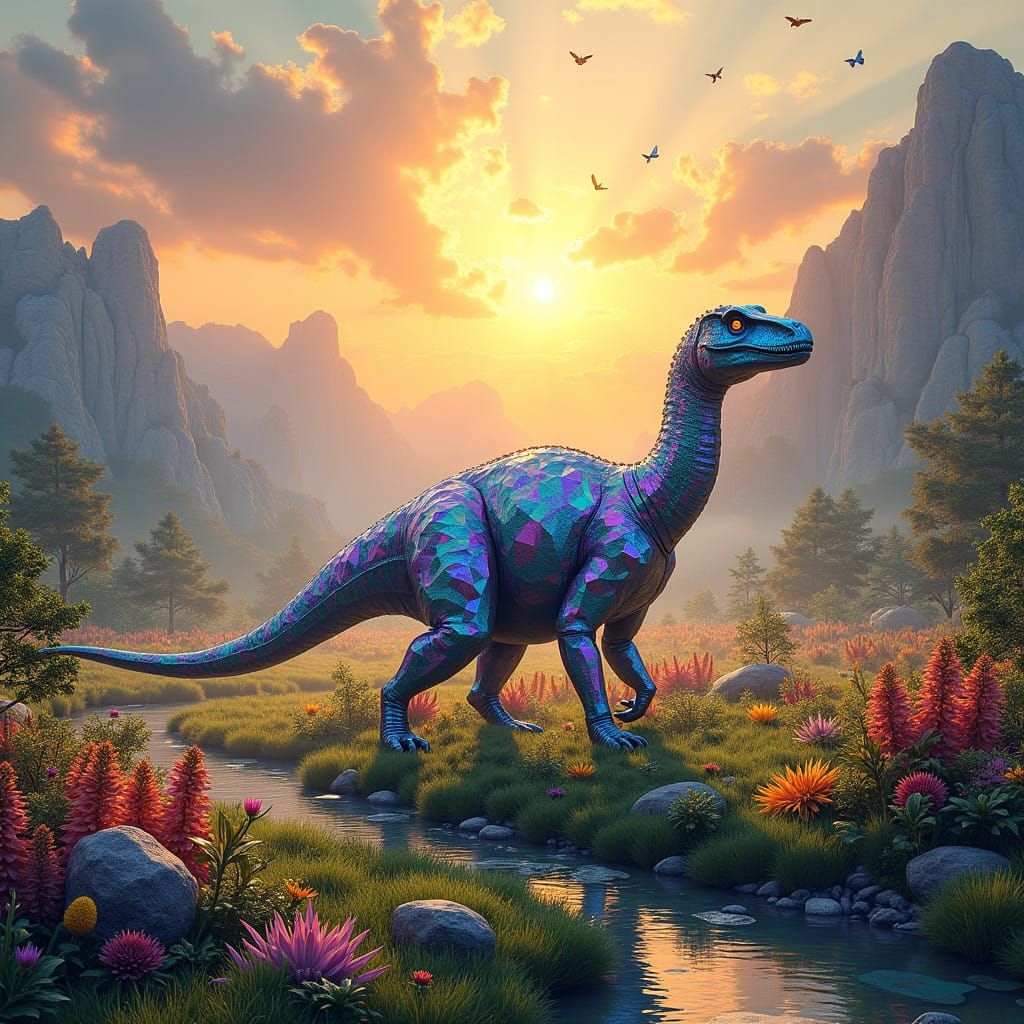 Regal, Gemstone-Covered Dinosaur Amidst a Vibrant, Prehistor...
