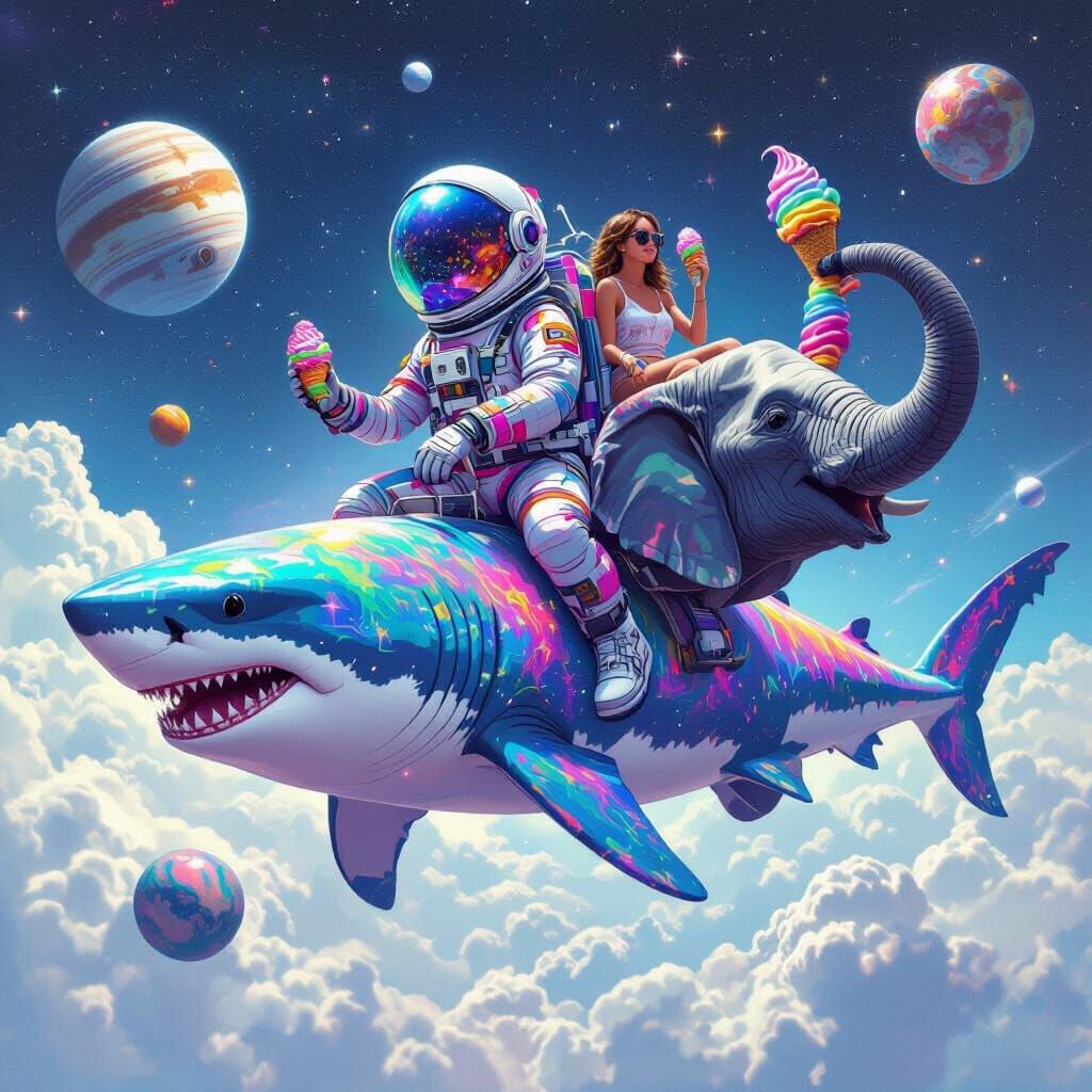 Elephant Riding Shark in Space, Digital Painting