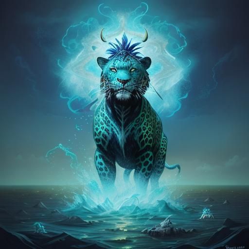 Leopard Shaman in Great Flood: Expressionist Oil Painting