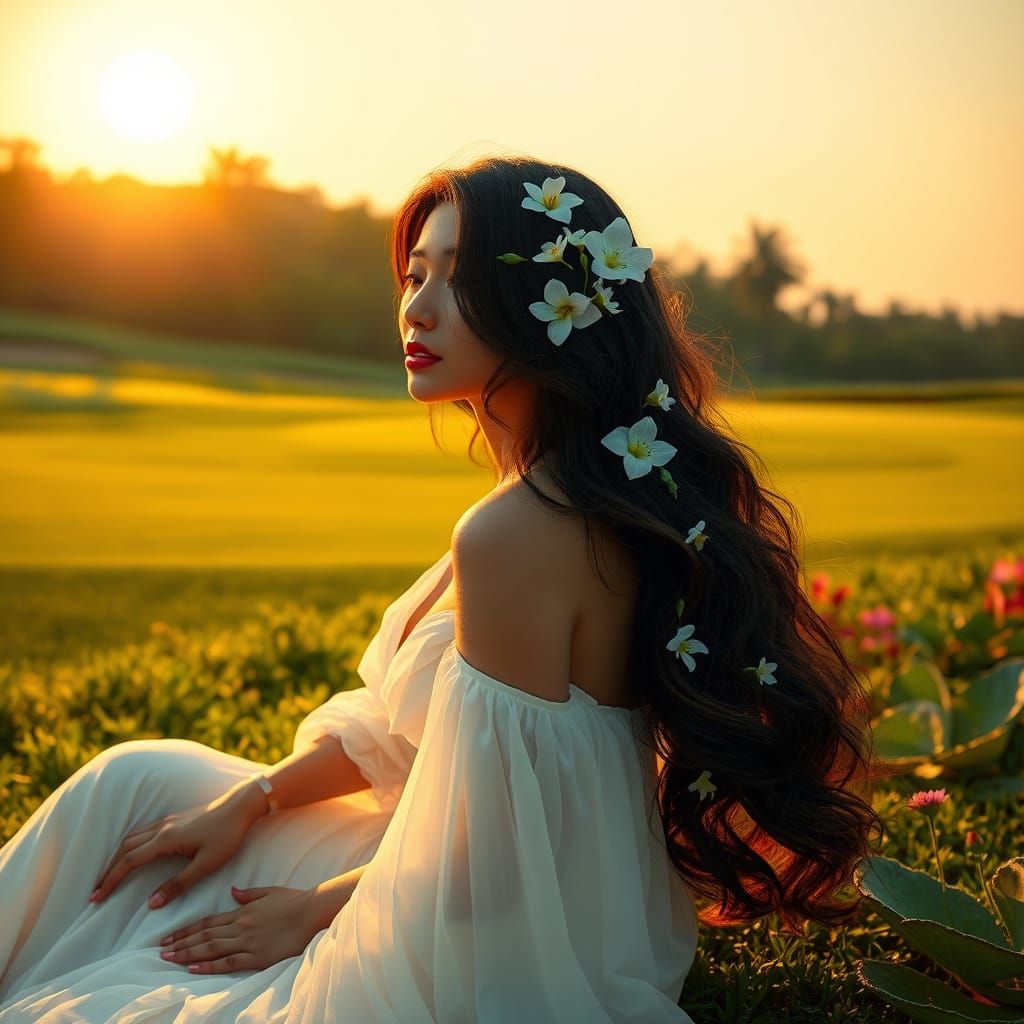 Ethereal Asian Goddess with Bioluminescent Hair and Alien Bl...