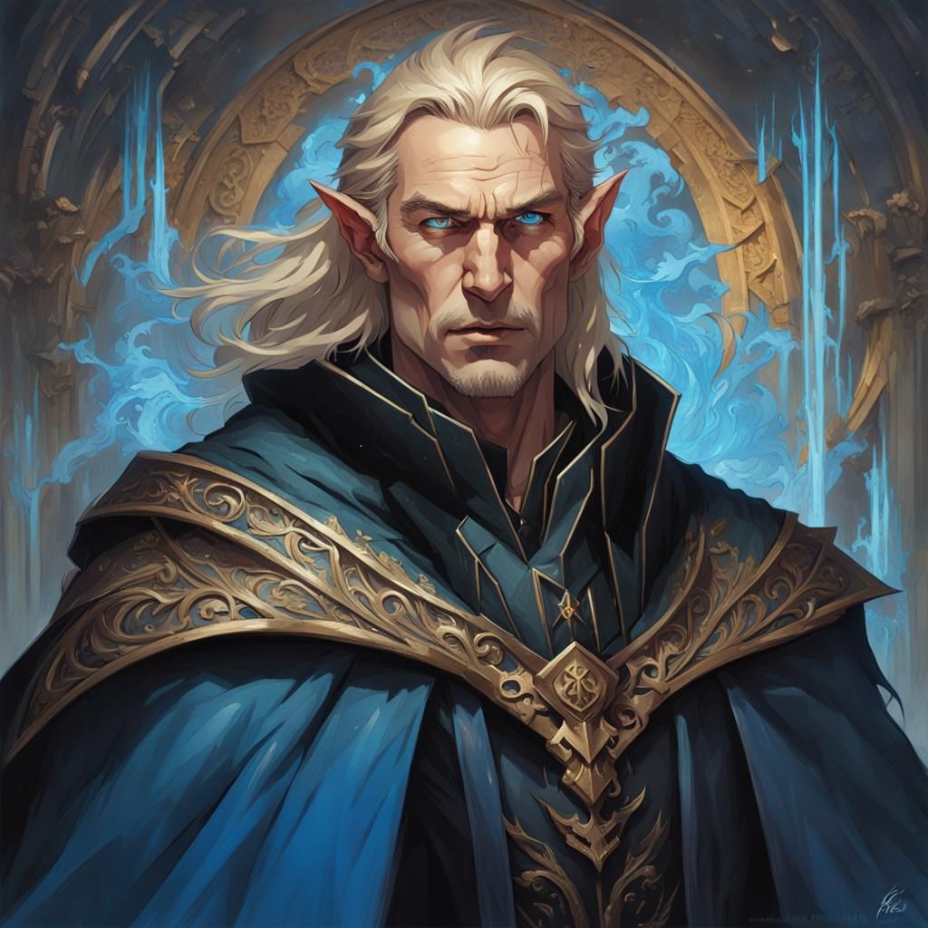 Elf-Eared Man with Electric Blue Eyes: Detailed Portrait