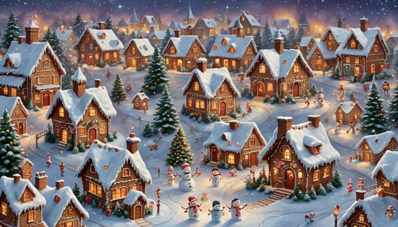 Festive Christmas Village in Digital Oil Painting