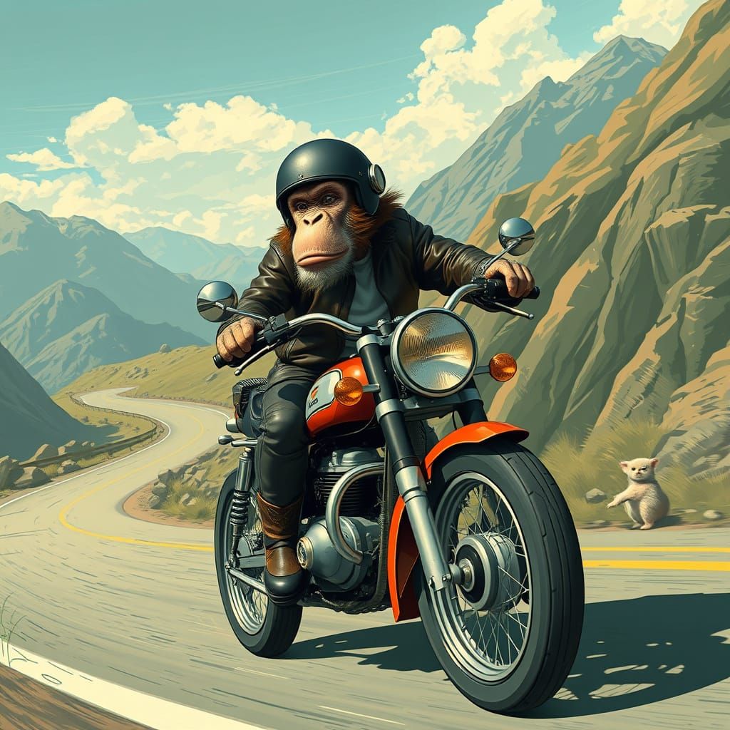 Monkey Rides Motorbike in Retro-Futuristic Style