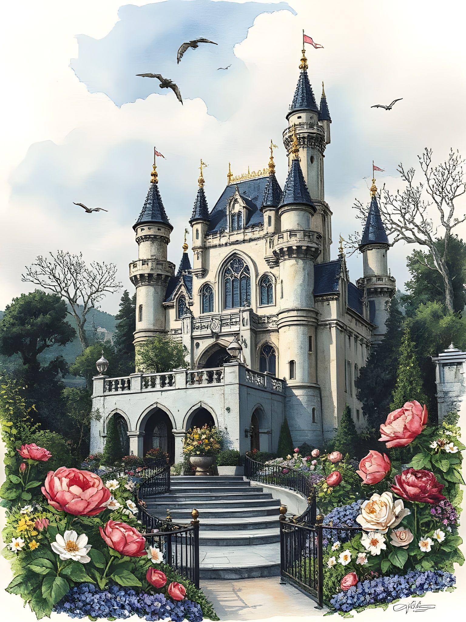 Surreal Blooming Garden Castle Dreamscape
