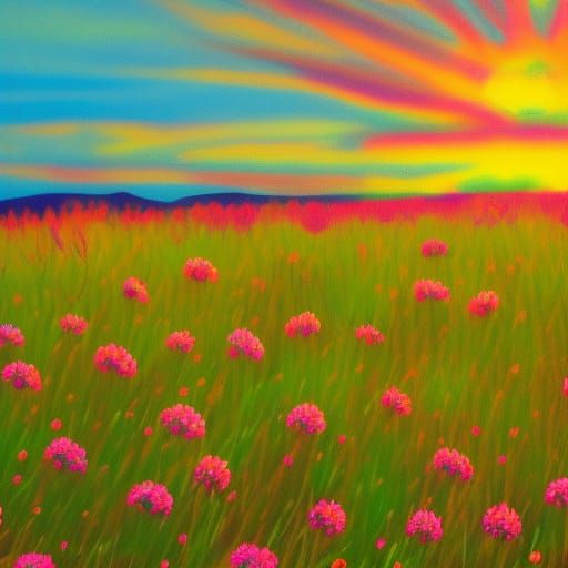 Cherry Blossom Meadow in Cubist Style Sunset