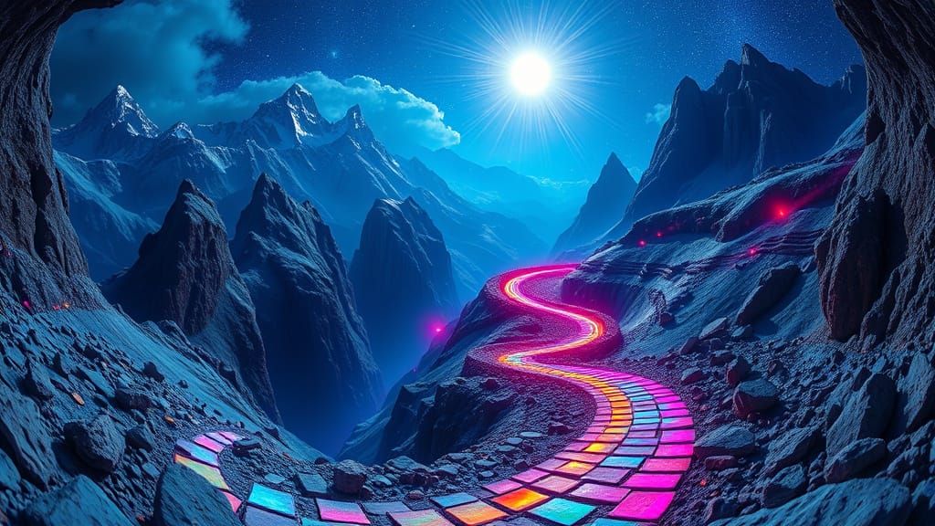 Bioluminescent Mountain Landscape with Neon Lights