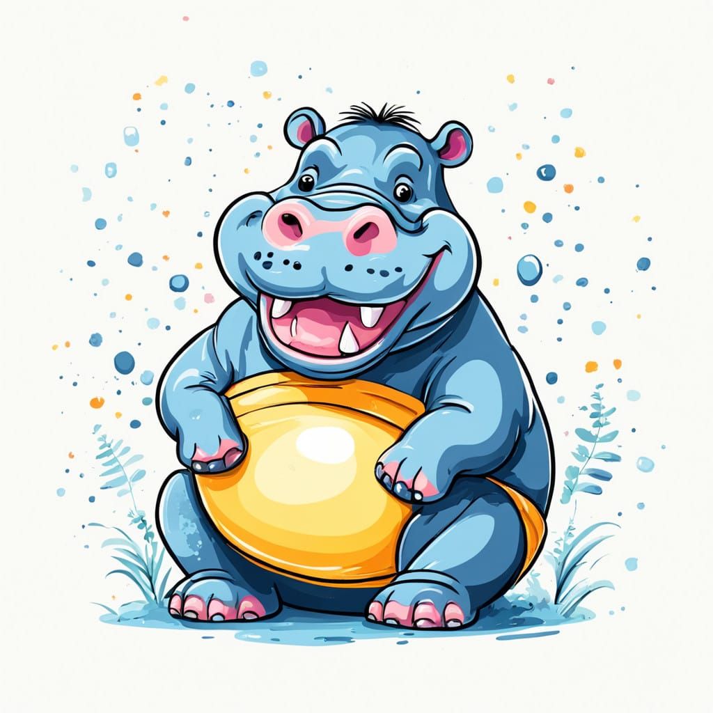 Whimsical Hippopotamus in a Bright Digital Landscape