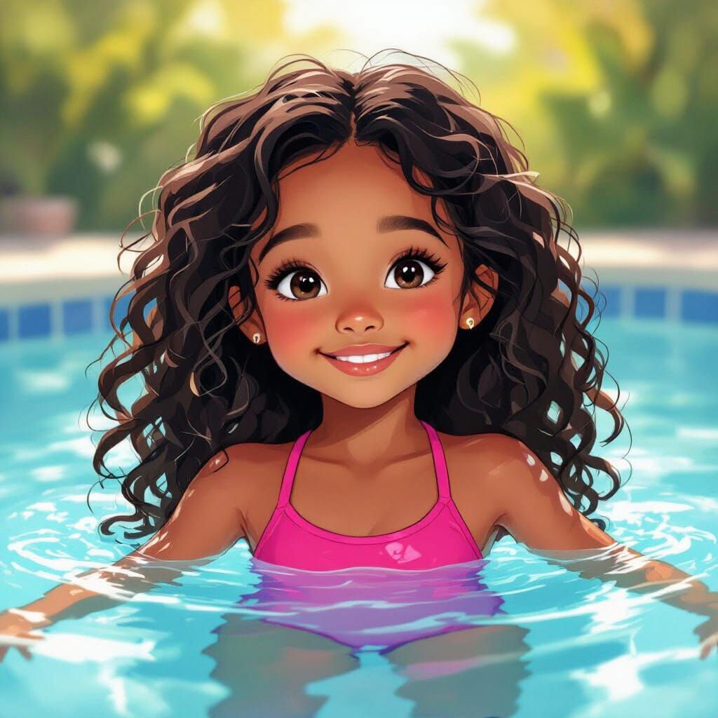 Girl Swimming in Sunny Pool, Digital Art
