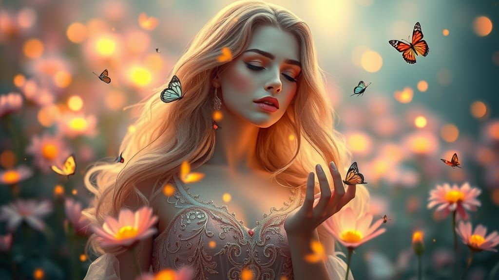 Ethereal Woman in Glowing Field of Flowers