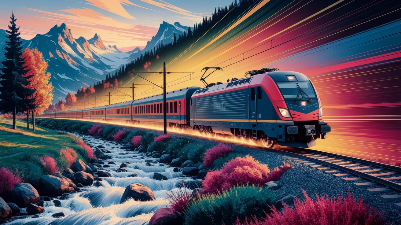 Vibrant French Countryside Painting with Modern Train