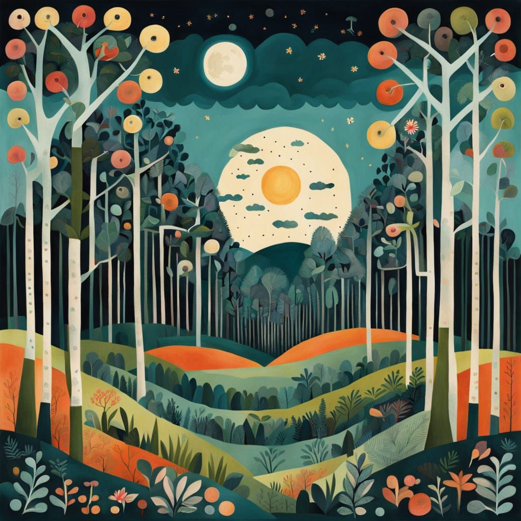 Fantastical Moonlit Forest in Folk Art Style