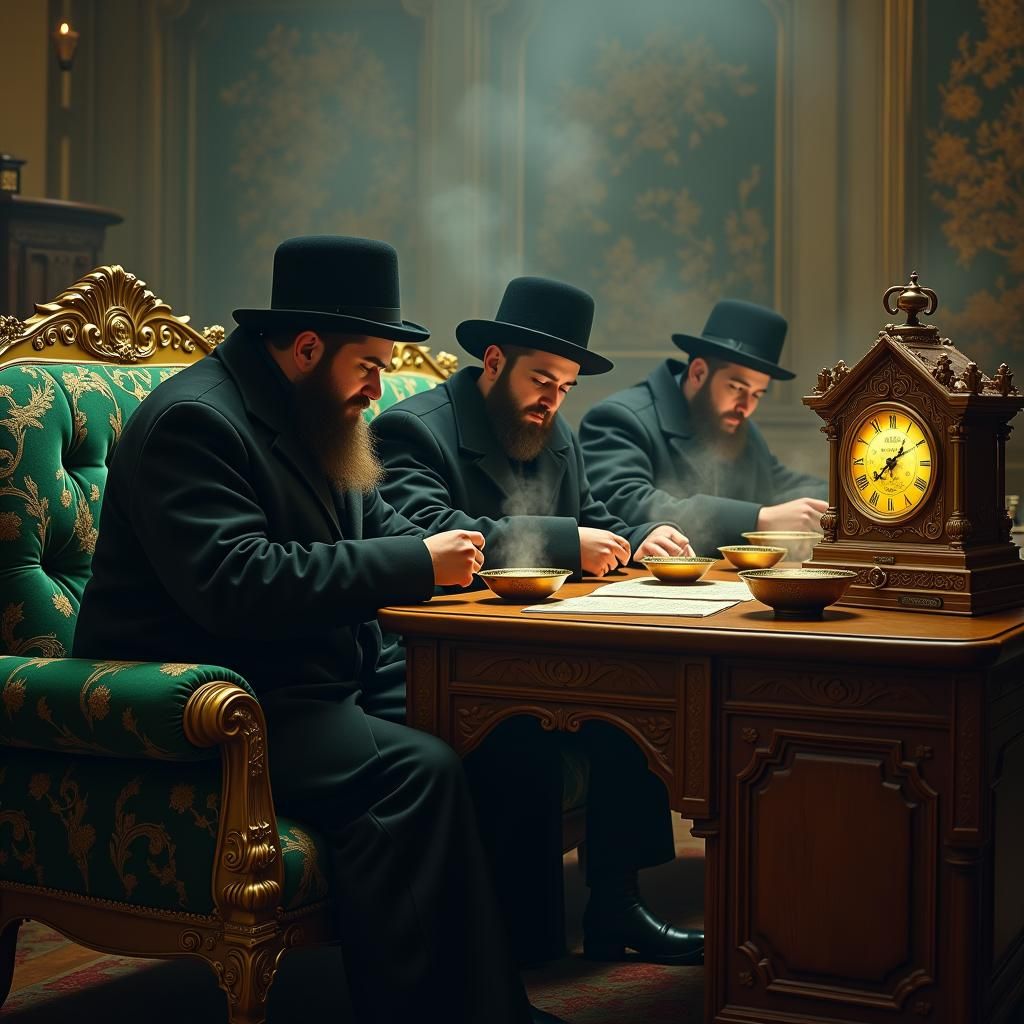 Yeshiva Students Enjoy Cholent: A Vivid, Detailed Scene