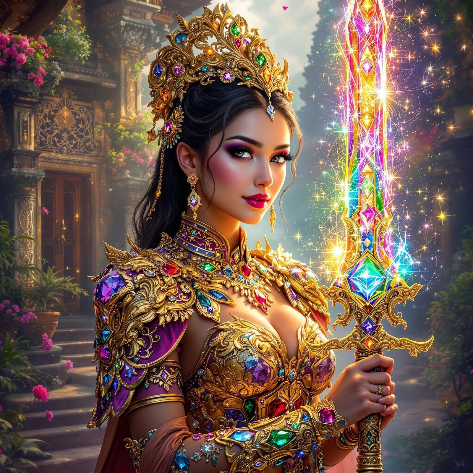 Majestic Empress in Balinese-Inspired Armor, Amidst Ancient ...