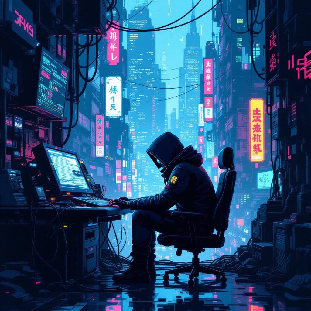 Cyberpunk Hacker in Neon Metropolis: Pixelcore Aesthetics