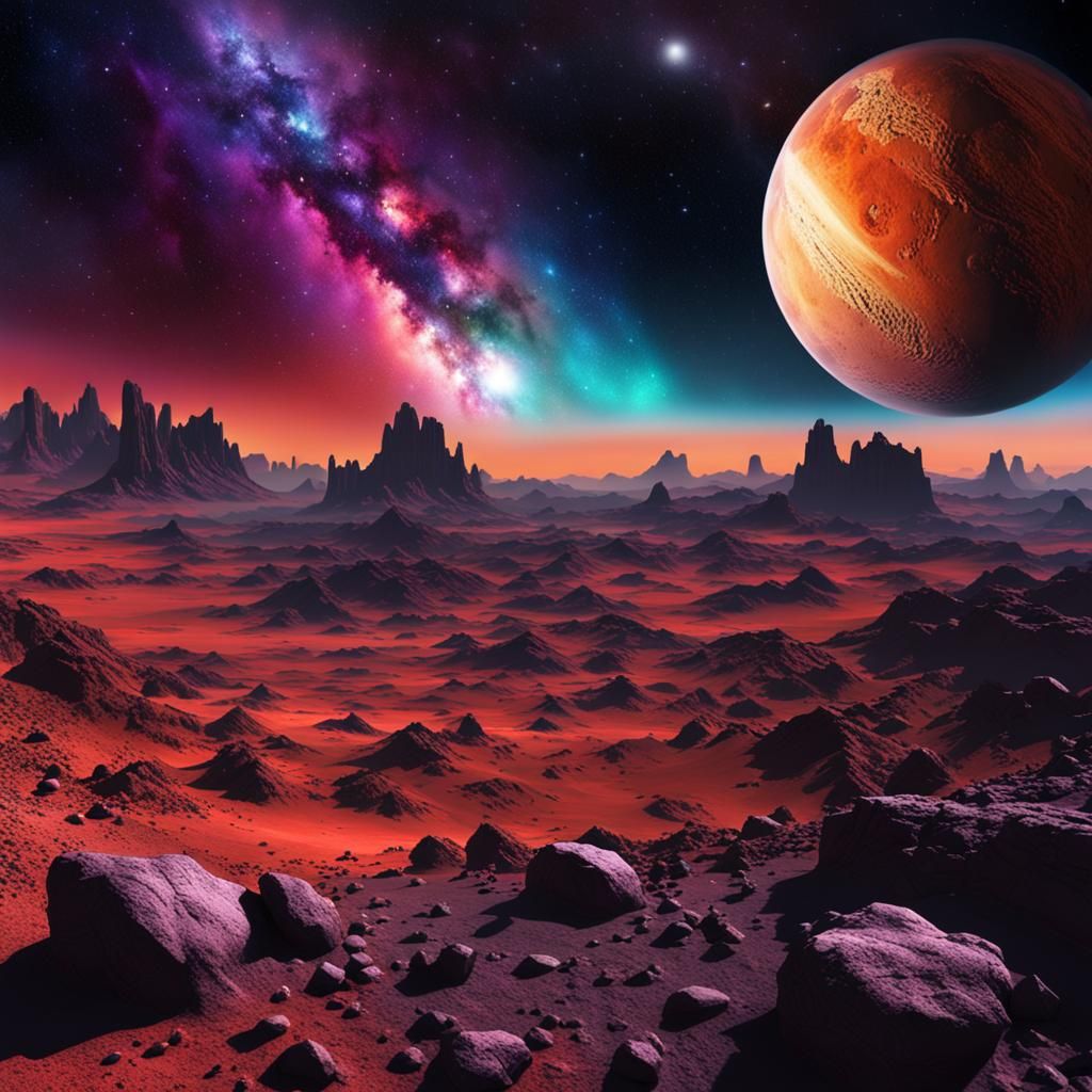 Colorful Starry Sky Over Rocky Exoplanet