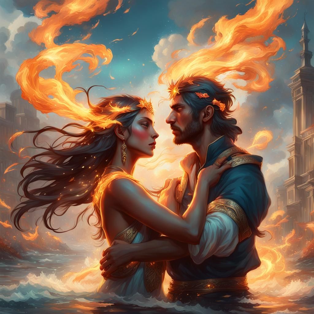 Water Girl and Fire Boy Dance: Art Nouveau Portrait