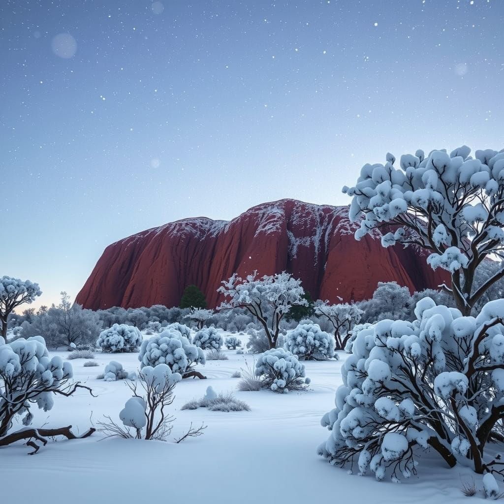 Snow-Covered Uluru in Whimsical Winter Landscape