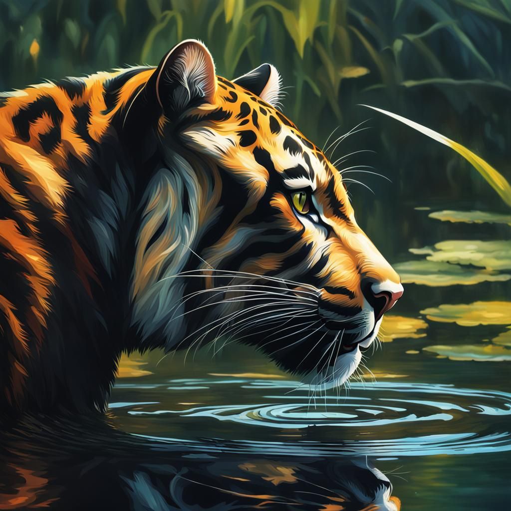 Black Panther Reflecting in Jungle Lake, Hyperrealistic Art