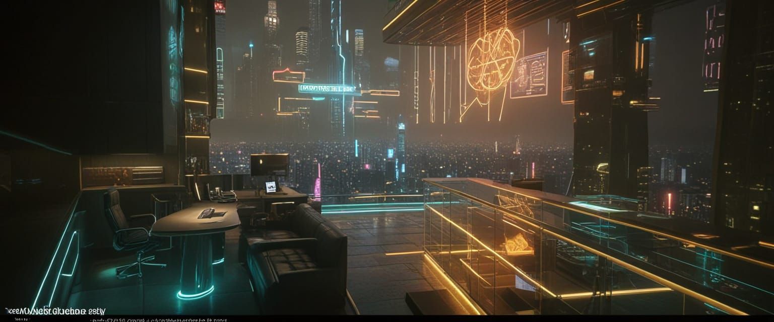 Futuristic Office with Neon Cyberpunk City View