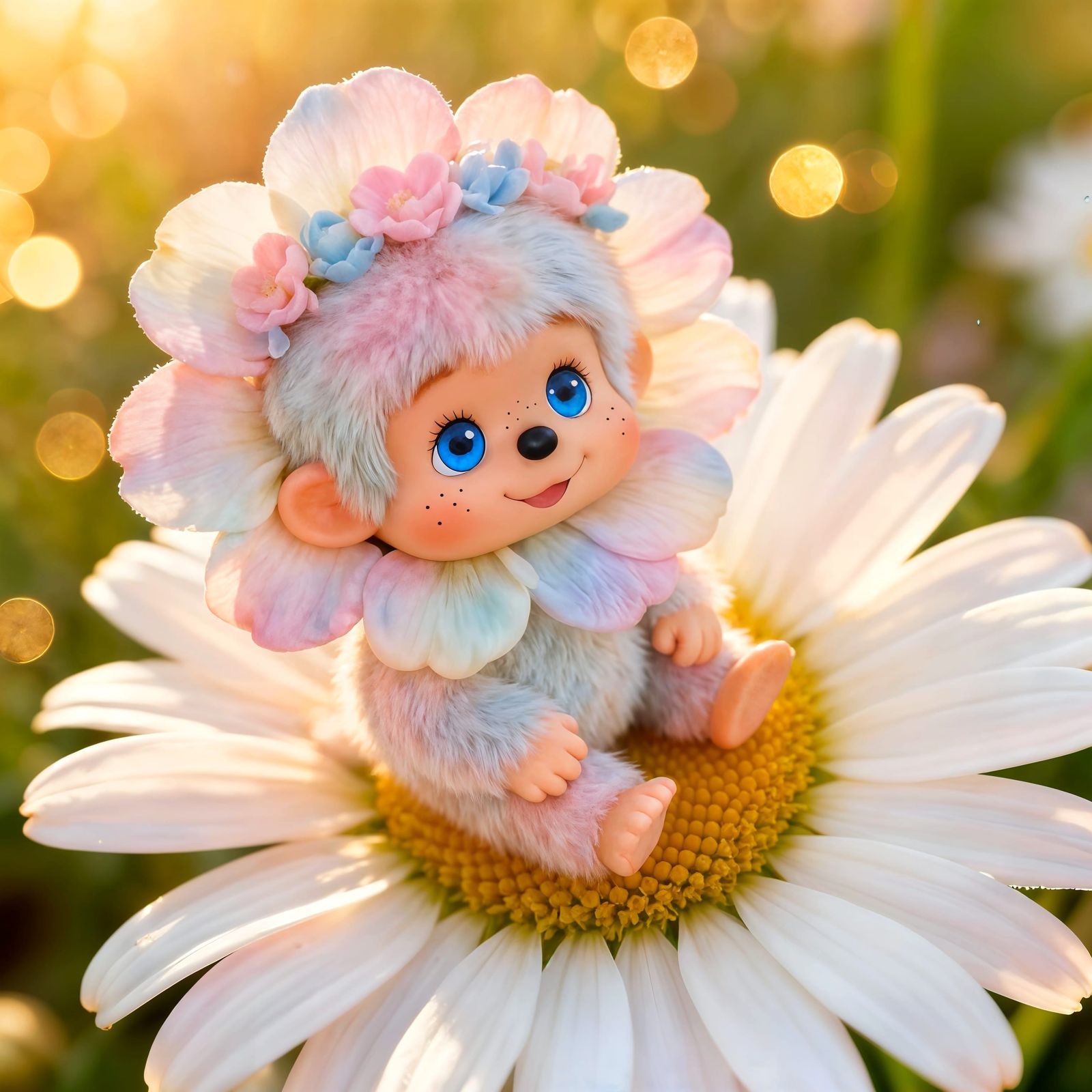 Cute Pastel Monchhichi Creature Sitting on Daisy