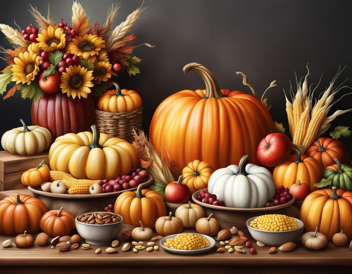 A beautiful bountiful table of fall products pumpkins squash corn, apples berries, nuts. Hyper realistic detailed