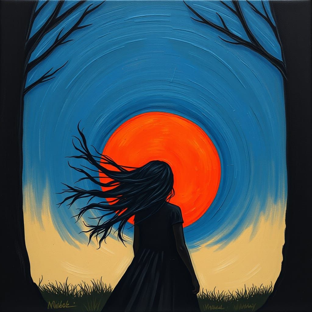 Girl Gazing at Red Moon in Expressionist Style