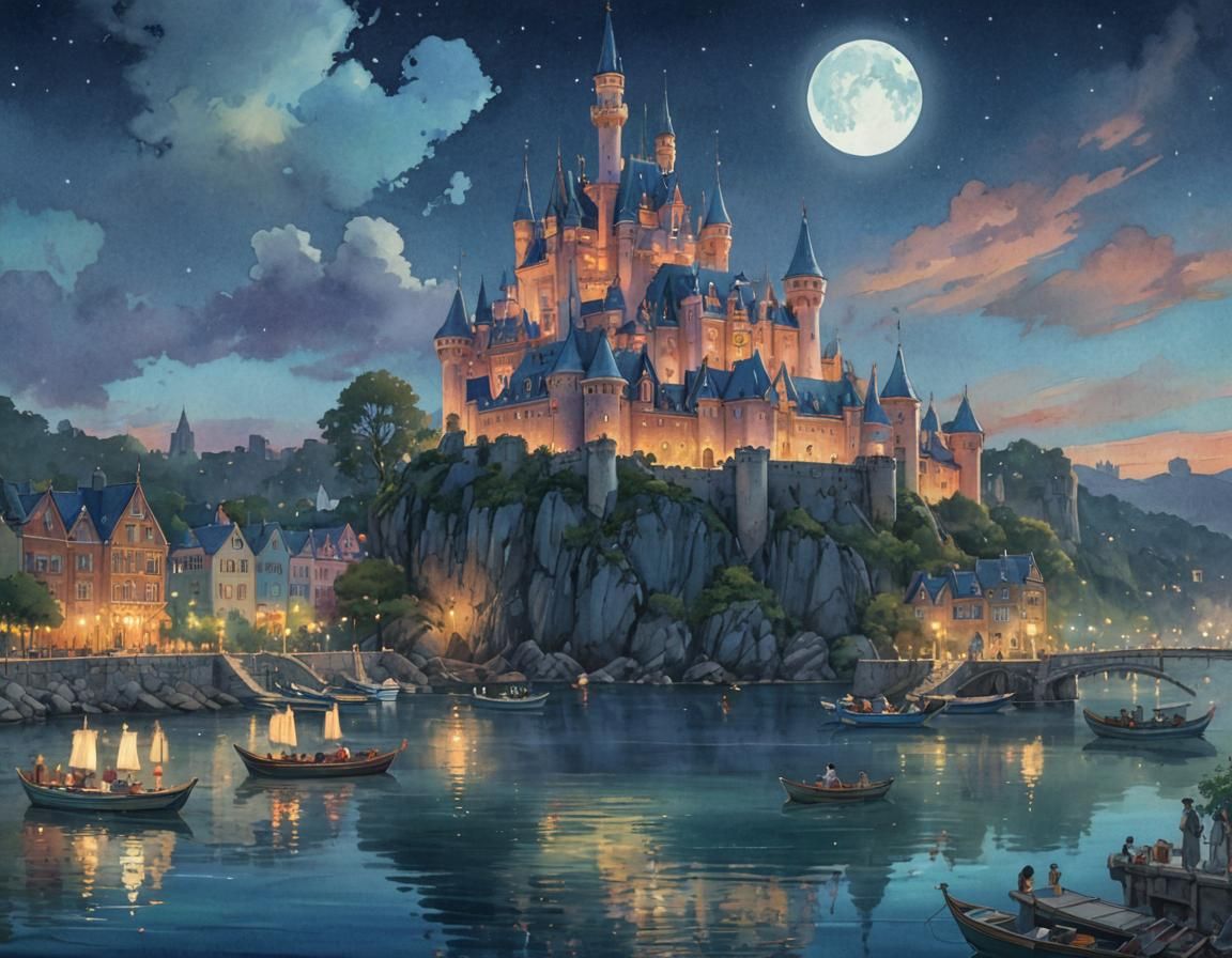 Dreamy Castle Island in Watercolor Style