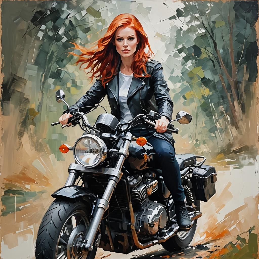 Redhead Girl on Motorcycle as Impasto Acrylic Painting