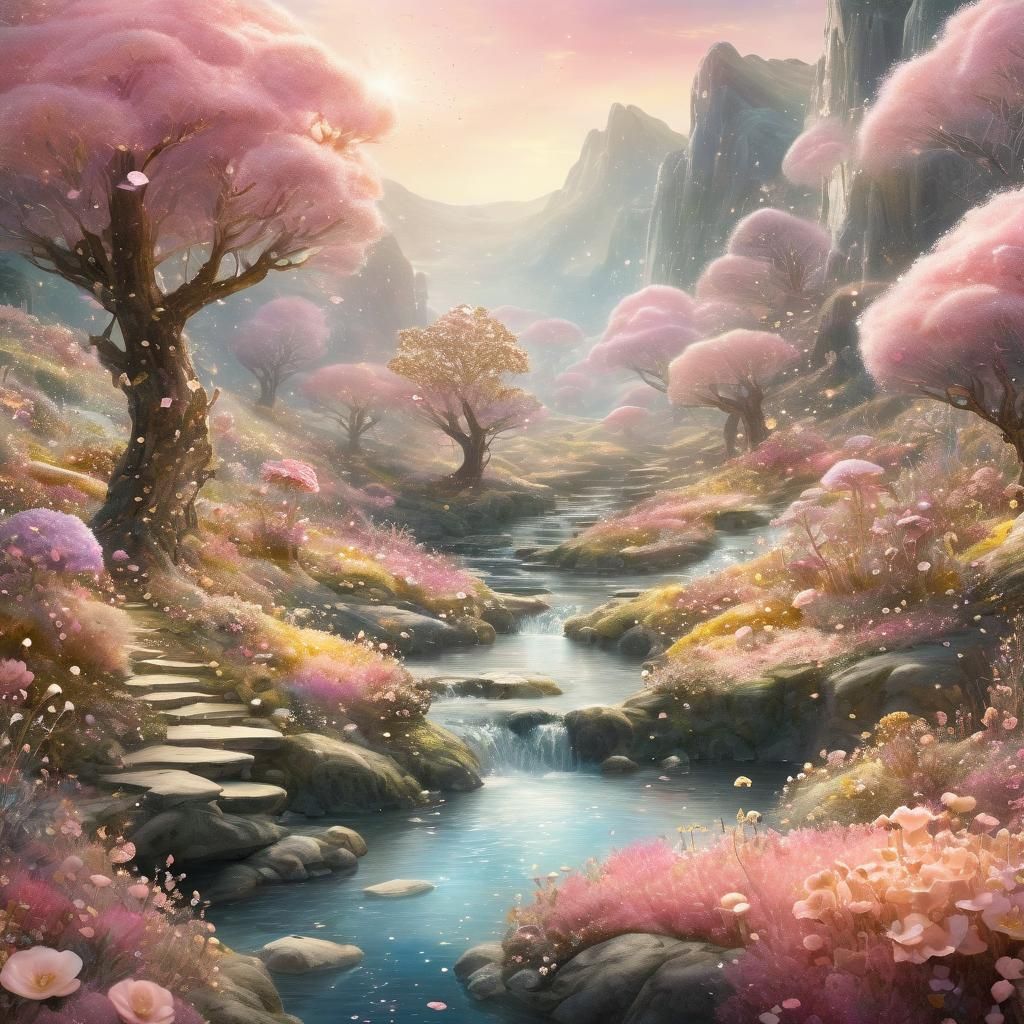 Glittering Crystal Valley in Watercolor Style