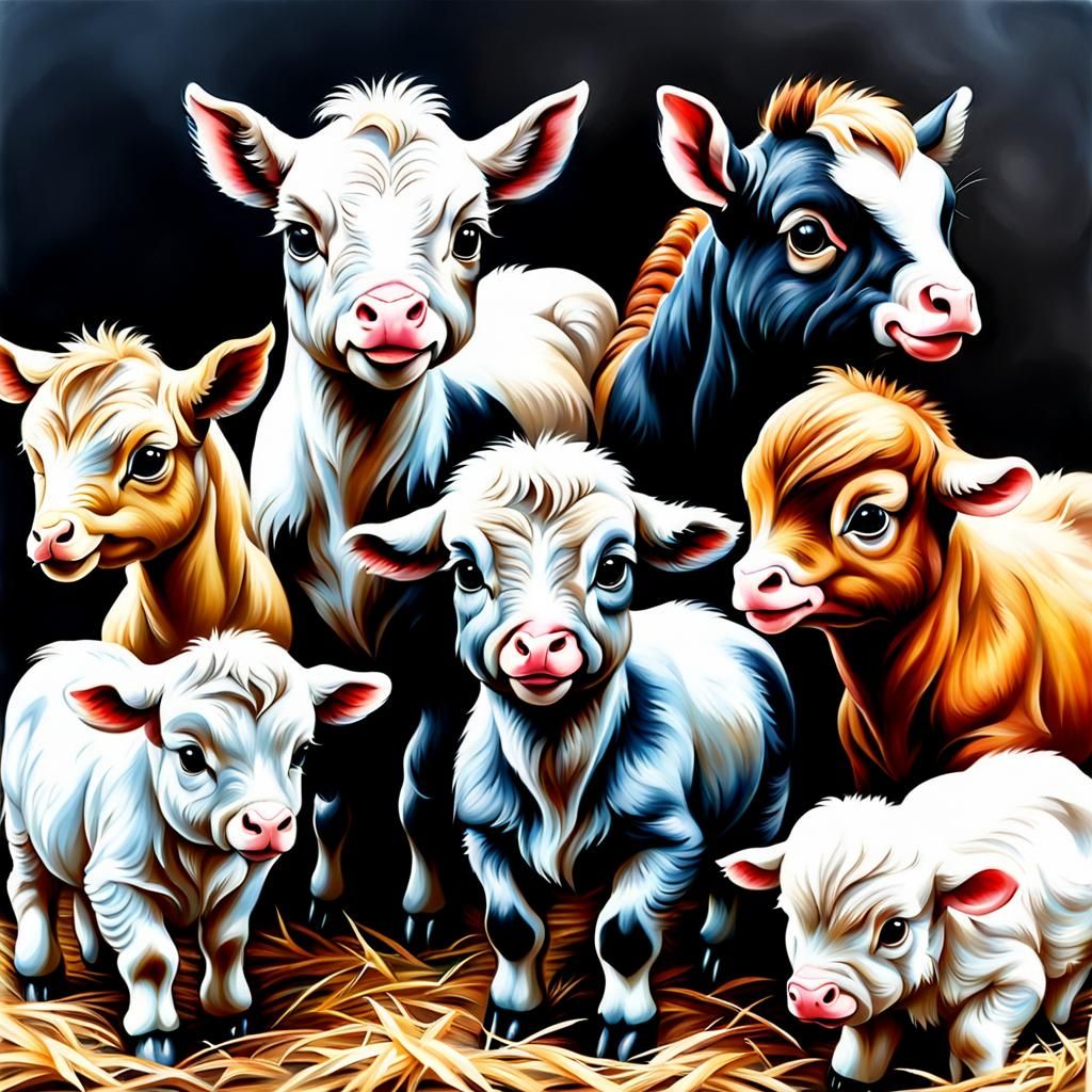 Cute Baby Farm Animals in Oil Painting Style