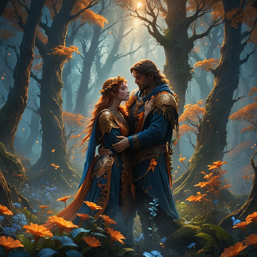 Lovers Embrace in Mystical Forest: Fantasy Art