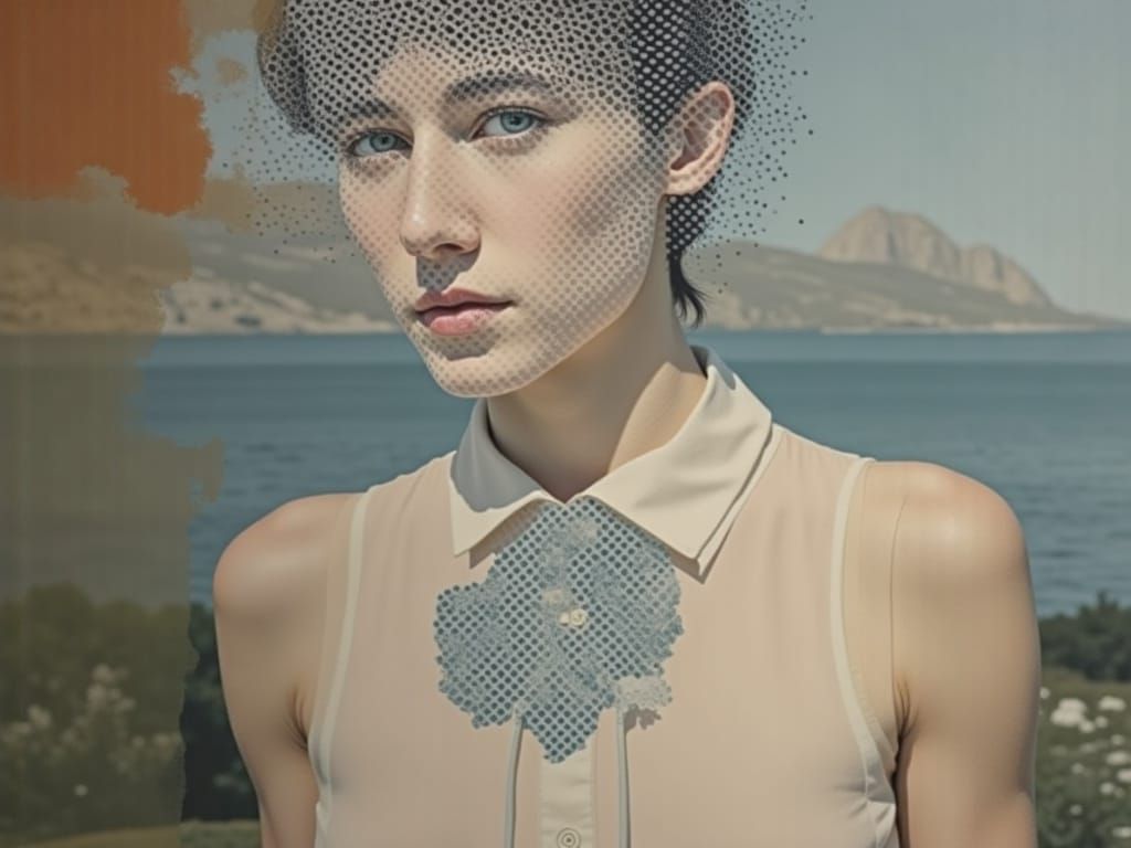 Double Exposure of Person and Landscape with Halftone Textur...