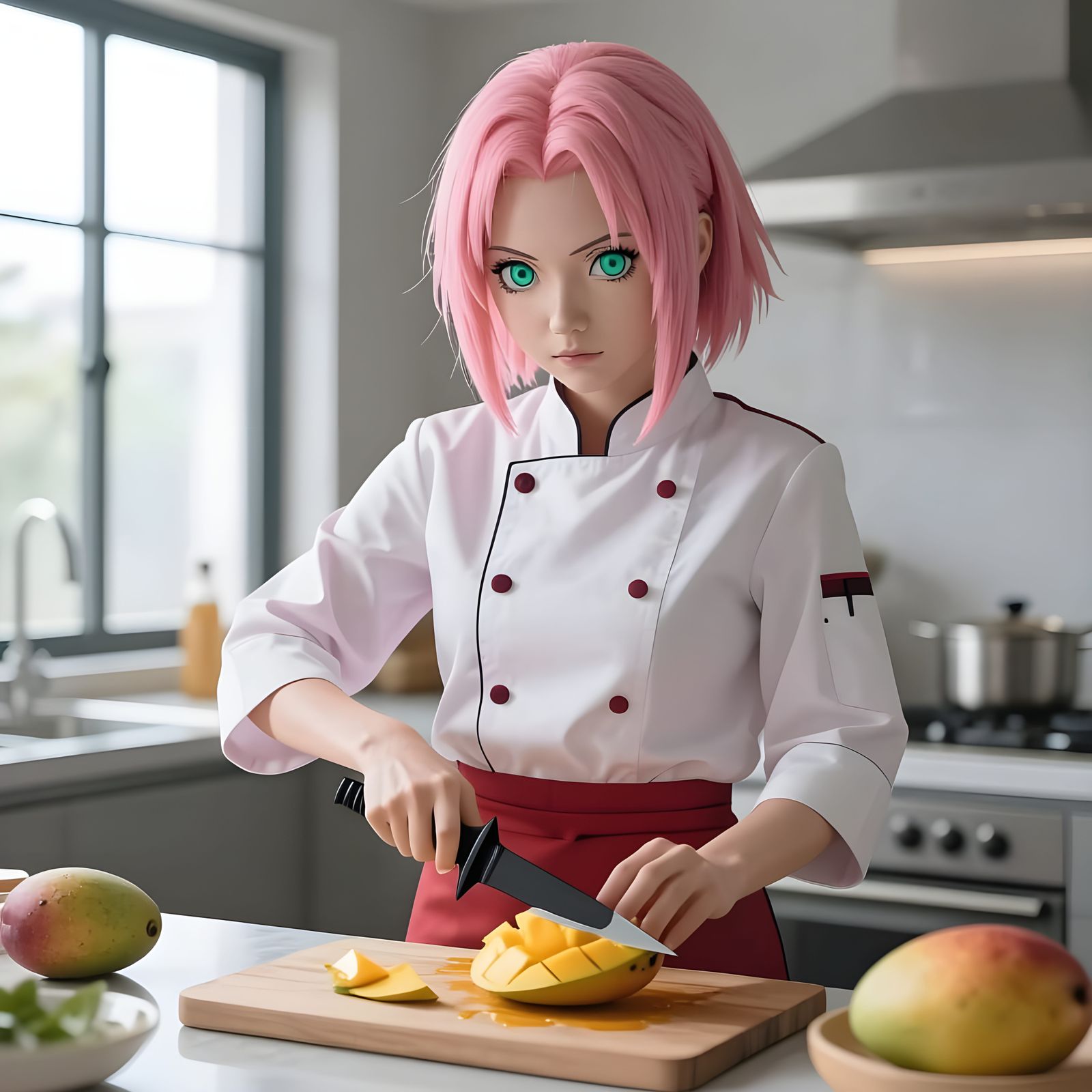 Sakura Anime Character Cuts Mango in Modern Kitchen