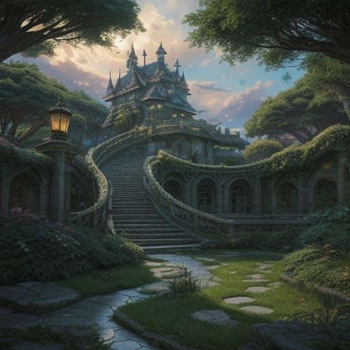 Dragon Spirals Around Ancient Castle at Sunset in Anime-Insp...