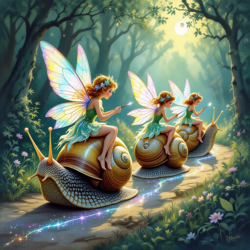 Fairies Riding Snails Painting Slime Trails in Enchanted For...