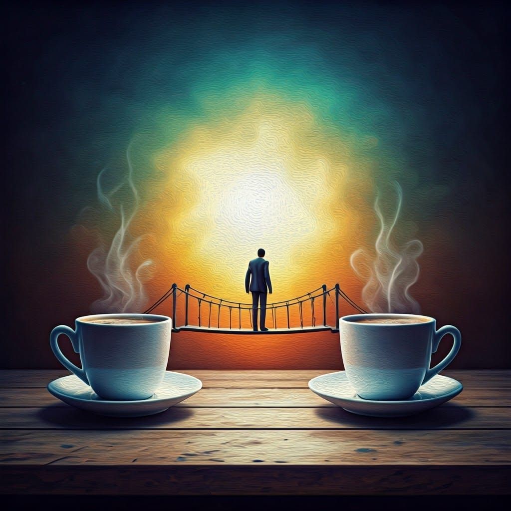 Surreal Coffee Bridge Scene in Expressive Impasto Style