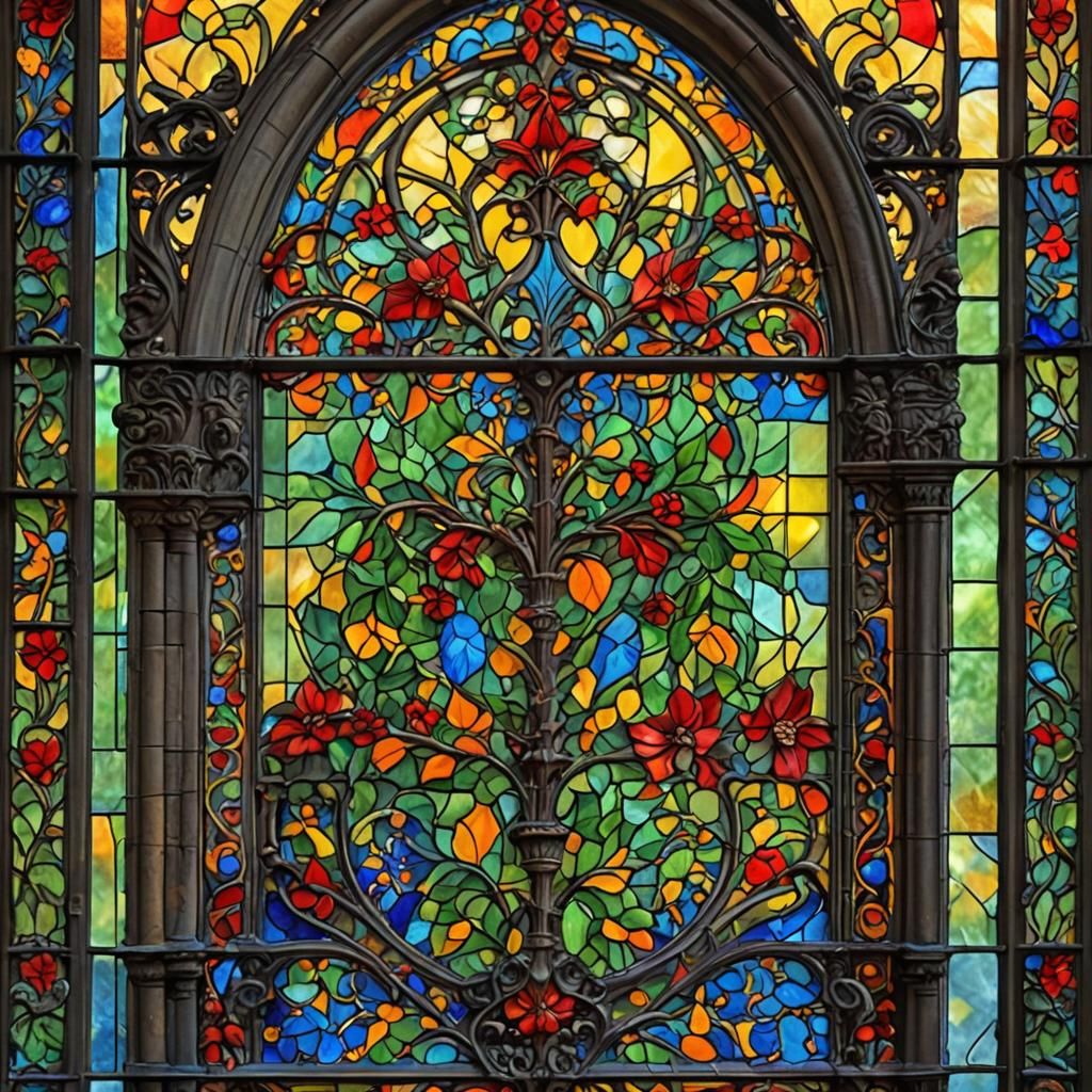 Intricate Stained Glass Window with Wrought Iron Frame