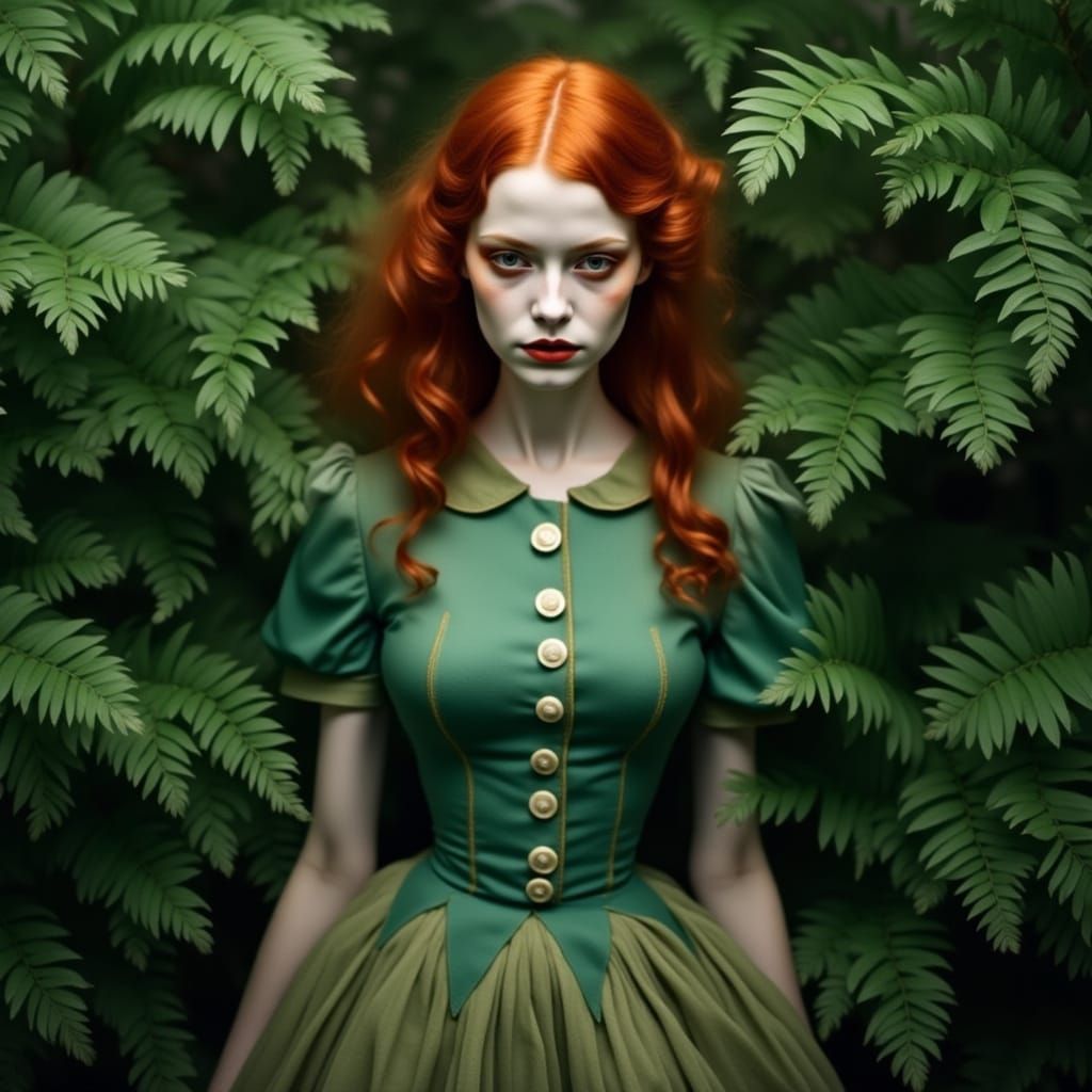 Redhead Woman in Ferns, Black and White Photo