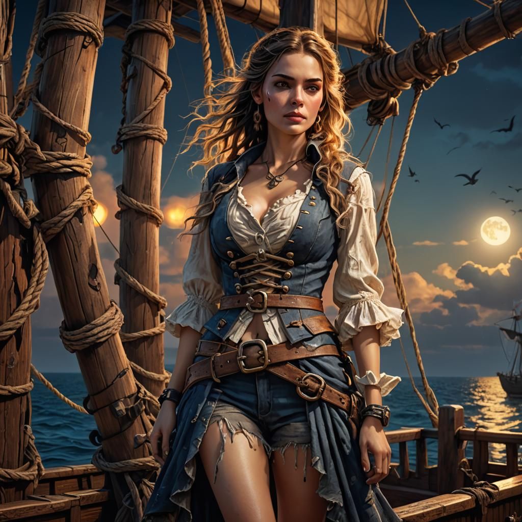 Pirate Woman on Ship in Hyper-Realistic Digital Art