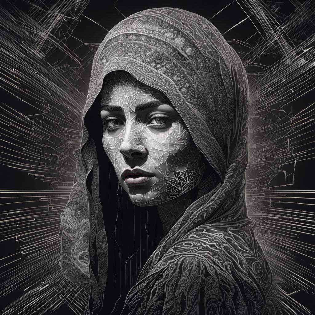 Intricate White Line Drawing of Woman on Black