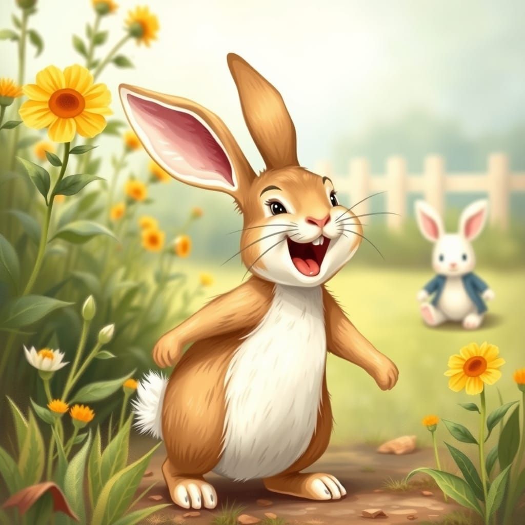 Whimsical Laughing Bunny in Garden Setting