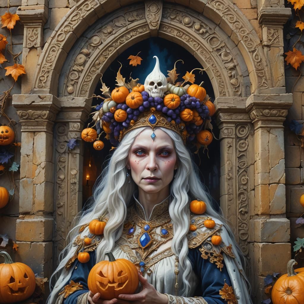 Mystical White Witch in Pumpkin Headdress: Matte Painting