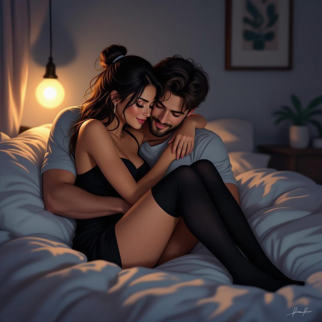 Couple Embracing in Cozy, Dimly Lit Bedroom