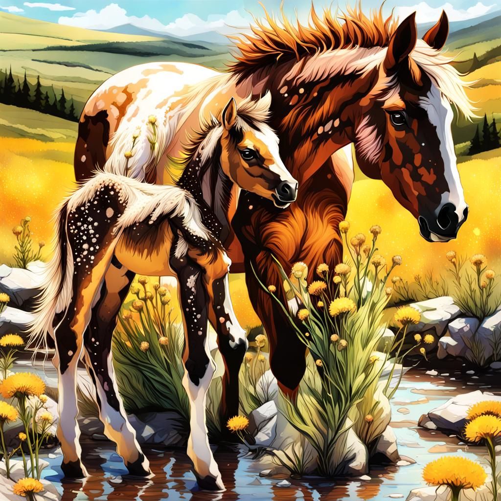 Foal and Mare in Sunlit Meadow, Digital Art
