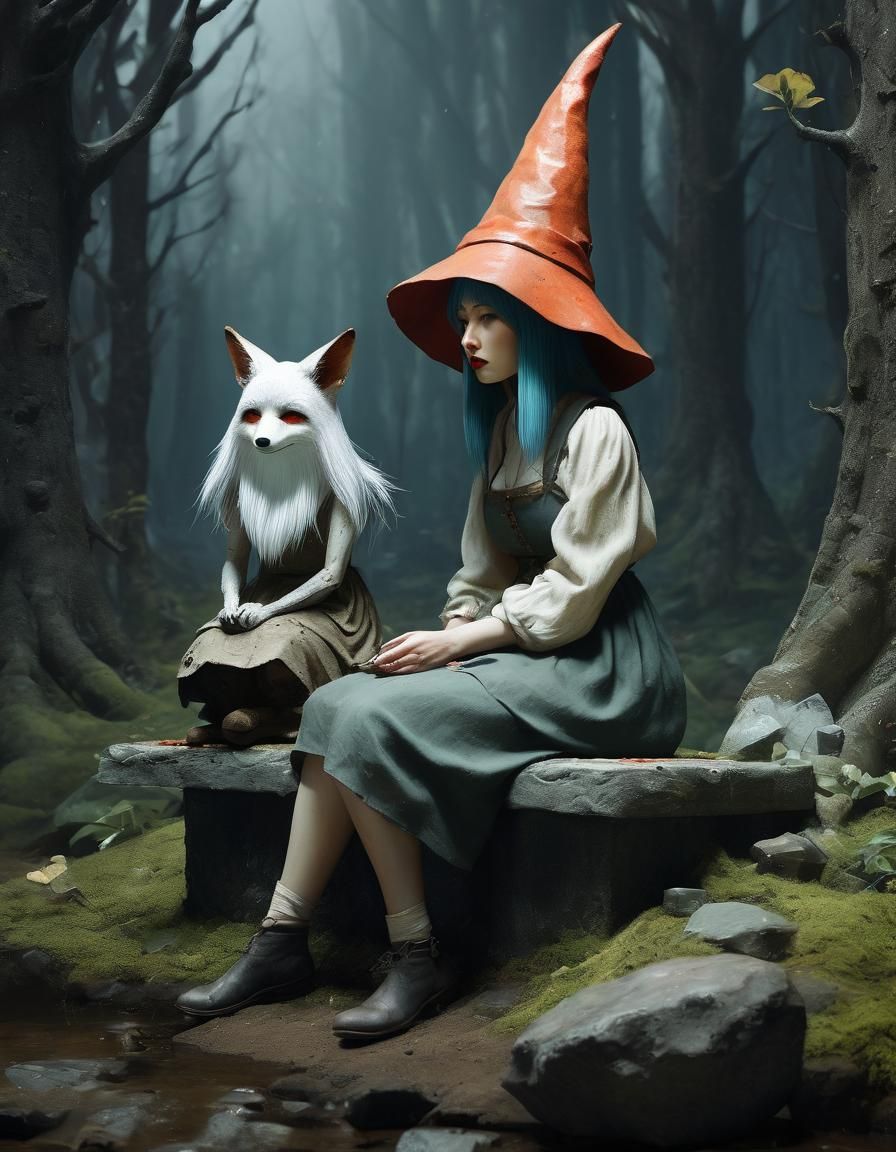 Fox Ghost Torments Gnome Girl in Fusion Art