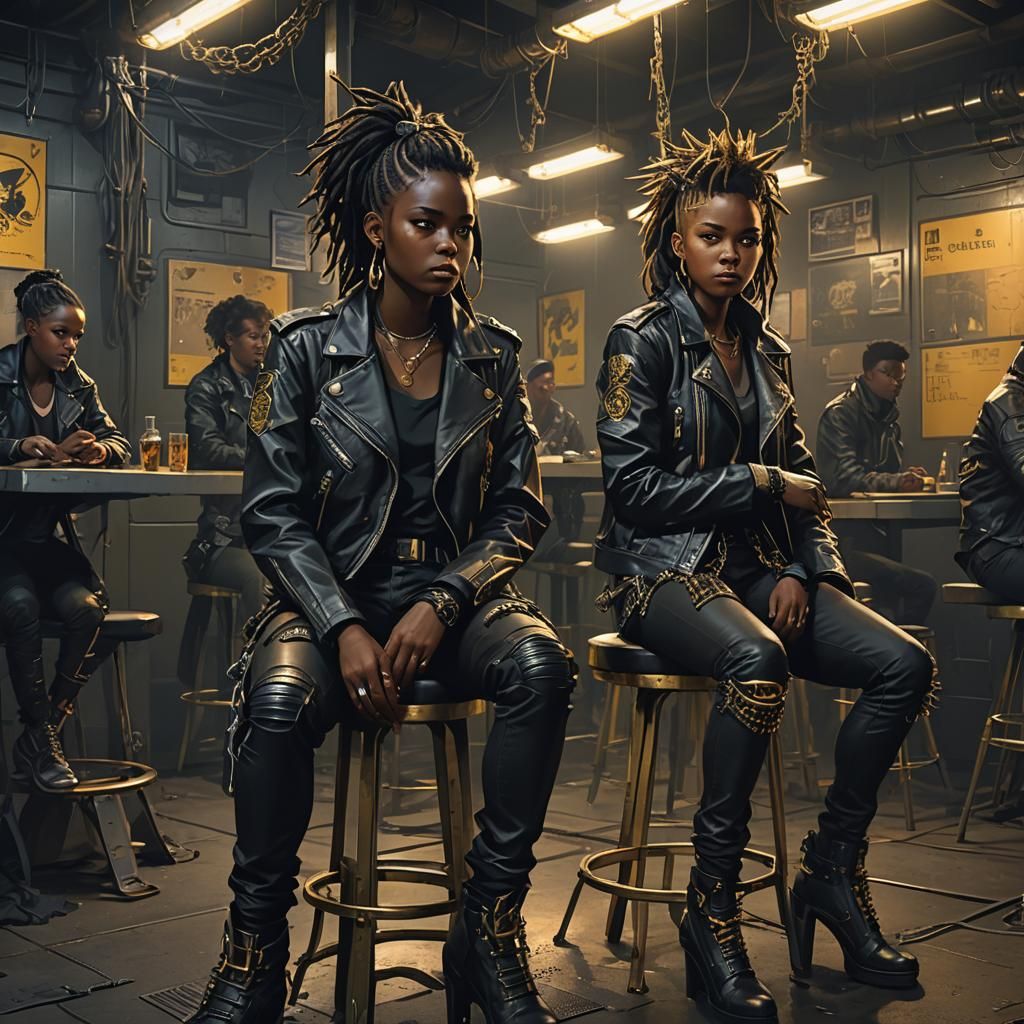 Biker Women in Gritty Barroom, Futuristic Style
